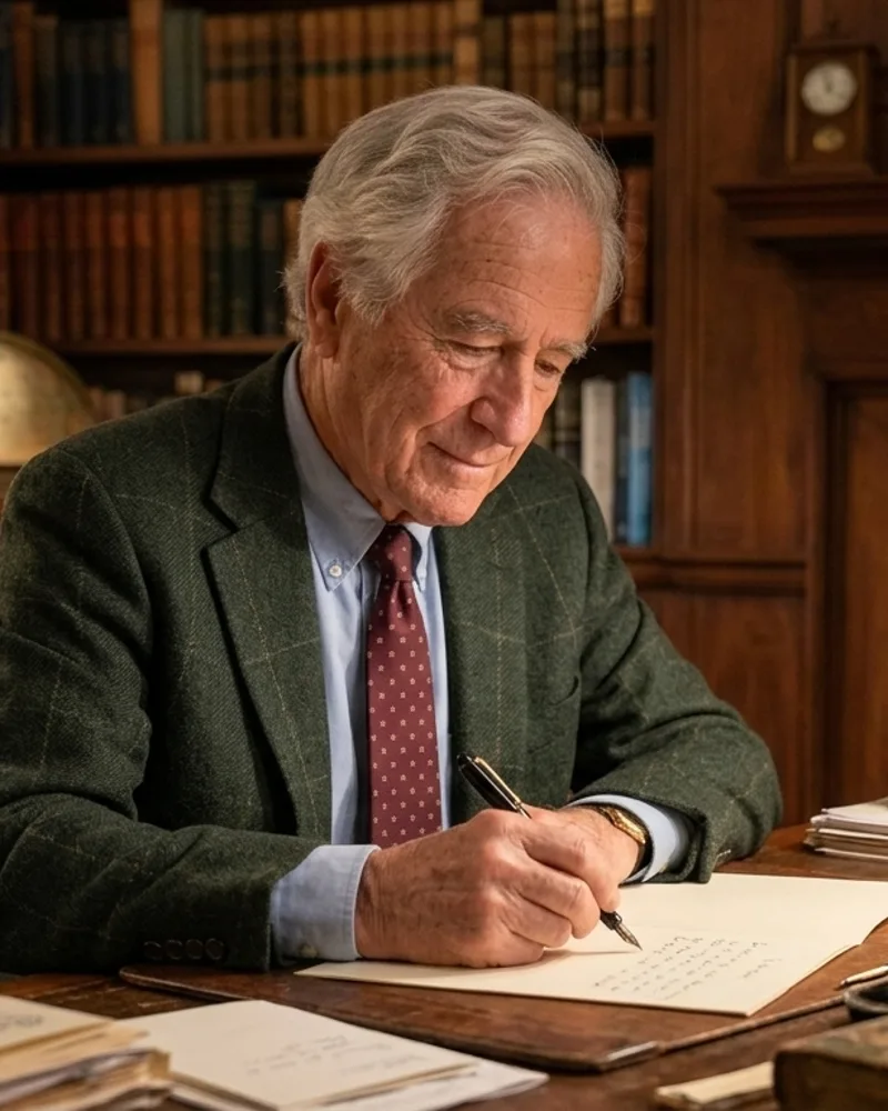 Charles Pemberton writing a letter in his library
